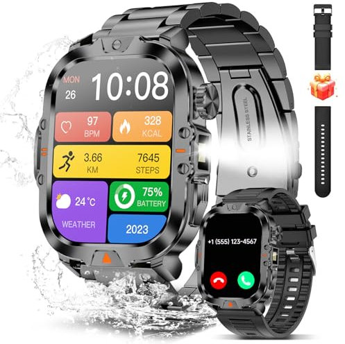 BRUBOSES Smartwatch Herren Militär Fitnessuhr mit Telefonfunktion, Anrufe tätigen/empfangen, IP68 Wasserdicht, 170+ Sportmodi, Puls Schlaf Monitor, Schrittzähler, Uhr für Android iOS,Schwarz