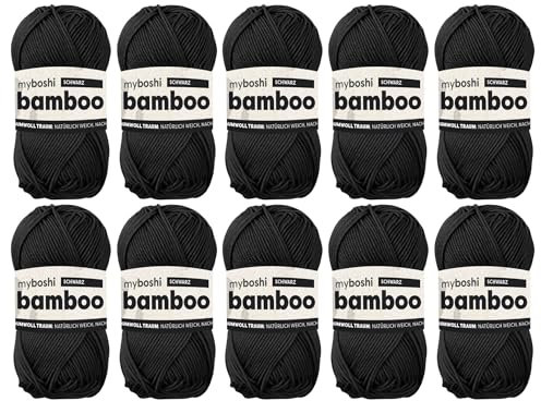 myboshi Bamboo, natürlich weiches Bambus-Baumwollgarn, zum Häkeln und Stricken, strapazierfähig, 50g, 125m, Schwarz (Schwarz), 10 Knäuel