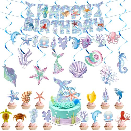 Meerjungfrau Geburtstag Deko, Meerjungfrau Hängende Wirbel Deko Kindergeburtstag, Geburtstag Girlande, Tortendeko, Unterwasserwelt Party Deko für Jungen Mädchen Mermaid Thema Parteien