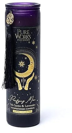 LivuX Manifestationskerze Reinigender Mond 80 Std. – Glas mit Quaste, 20x5,5 cm, handgegossen, Soja- & Palmwachs, ätherische Öle, Palo Santo & Lavendel Aroma, Ritualkerze für Mondphasen 300g 1260