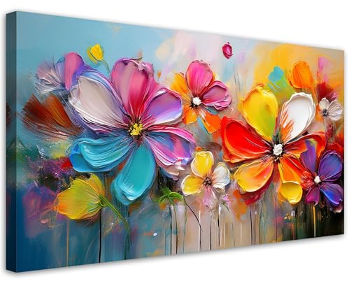 Feeby - Tableaux Decoratifs - Tableau Salon Grand Format - Fleurs abstraites pastel colorées - 100x50 1partie - Tableau Decoration Murale - Toile Imprimée - Impression sur Toile Peinture
