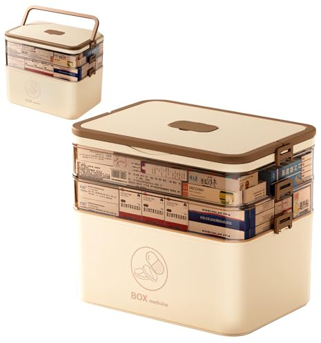 Chiziyixin Medicine Storage Box,Large Medication Storage Box with Lid,Household Medical Organiser Portable Emergency First Aid Container for Home Cabinet Office Travel Car School (Khaki, 3 Layer)