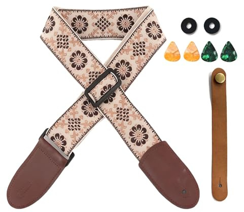 Gitarrengurt mit Plektrumtasche,Verstellbarer Gitarrenband, Samtgitarrengurte mit Vollnarbenlederende, für Akustikgitarren, Eukliri, E-Gitarren und Bässe - Inklusive Gurtknöpfe, 4 Plektrum und 2 Gurt