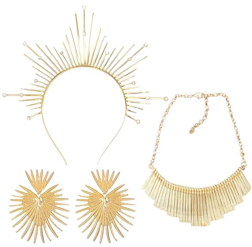 4 Stück Heiligenschein Krone Stirnband, Sonne Kostüm Damen, Haarreif Sonne, Ohrringe,Halsketten,Tattoo,Kopfschmuck Gold, Griechische Göttin Kostüm für Fasching Karneval Cosplay Geburtstag Mottoparty