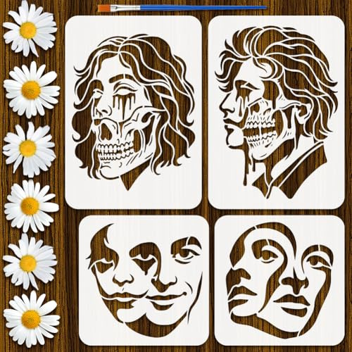 FINGERINSPIRE 4 Stück Malvorlage Mit Psychedelischen Rockfiguren Und Pinsel A4/20cm Dekoratives Totenkopfmuster Zeichenvorlage Mit Gruseligem Gesichtsausdruck Charakter Themenvorlage