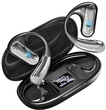 Auriculares Open Ear Bluetooth 5.3 Inalámbricos, Auriculares Deportivos de Oreja Abierta con Gancho, 80H Cascos Inalámbricos para Running Deporte, Pantalla LED IPX7 ENC