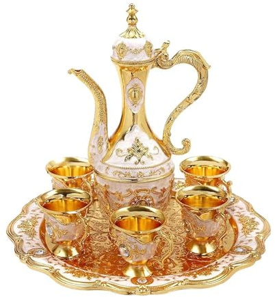 Turkish Tea Set with Pot Tray and 6 Cups Vintage Turkish Coffee Set Alloy Moroccan Tea Easy to Clean Cups for Home Wedding Decoration