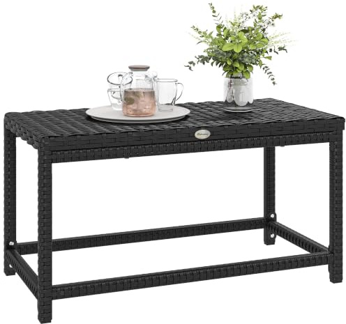 Outsunny Outdoor Coffee Table, Garden PE Rattan Side Table with Plastic Board Under the Full Woven Table Top and Rectangular Frame for Patio, Balcony, Black