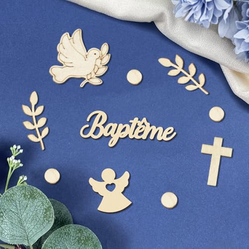 Decoration Bapteme, Deco Bapteme Confettis en Bois | Décoration de Table avec Ange, Croix, Colombe, Feuilles Decoration Table