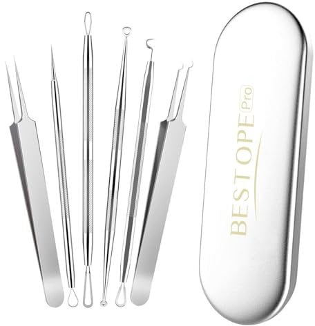 BESTOPE PRO Komedonenquetscher Set Pinzetten Set Blackhead Remover mit Metall-Box aus Hochwertiger Edelstahl silber 6 Stück (1er Pack)