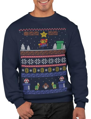 Graphic Impact Inspired Retro Gaming Freak Christmas Jumper Ugly Xmas Sweatshirts (Medium, Navy)