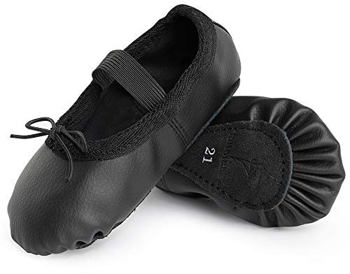 Bezioner Chaussures de Danse Cuir Demi Pointe Pantoufle de Ballet Ballerine Chausson de Gymnastique pour Enfants et Femme Noir 34