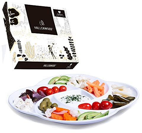 VALLENWOOD Reusable White Serving Platters Tray for Partys. Unbreakable Melamine. Appetizer Sectioned Platter. Vegetables, Fruits, Foods, Snack with compartments. Chip and Dip Serving Dish
