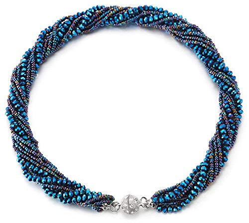 COOLSTEELANDBEYOND Funkelndes Blau Statement Halsketten Anhänger Multi-Schichten Perlen Kristall Geflochtene Kette Halsband Choker