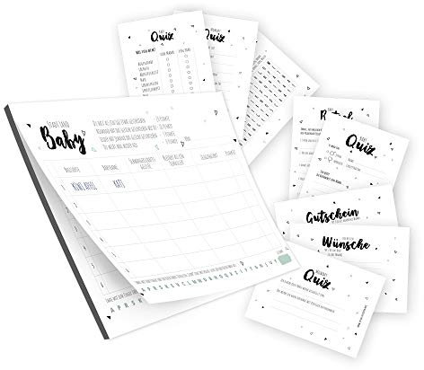 bigdaygraphix Babyparty Spiele-Set | 4 Verschiedene Spiele im Set + 20 Mama Gutscheine | bis zu 20 Personen | Baby & Mama Quiz + Rätselspiel + Stadt Land Fluss Spiel