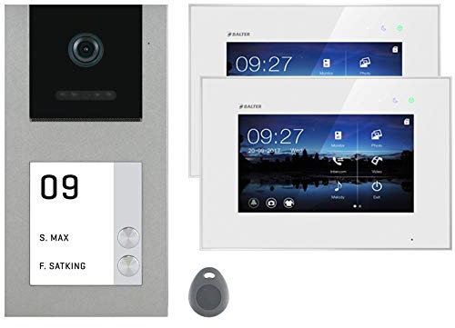 Balter EVO Grau Aufputz Video Türklingel mit Kamera und RFID Chip, Türsprechanlage Gegensprechanlage kabelgebunden mit Klingel und 2X 7 Zoll Touchscreen Monitor für 2 Familienhaus Türöffner Set