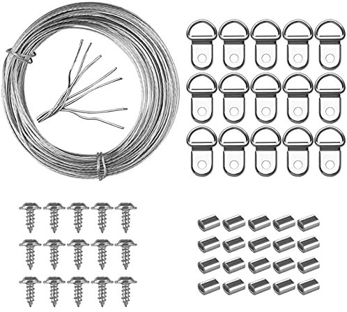 Yeestone Picture Hanging Kit - 10m Heavy Duty Wire, 15 D Rings, 15 Screws, 20 Crimp Tubes