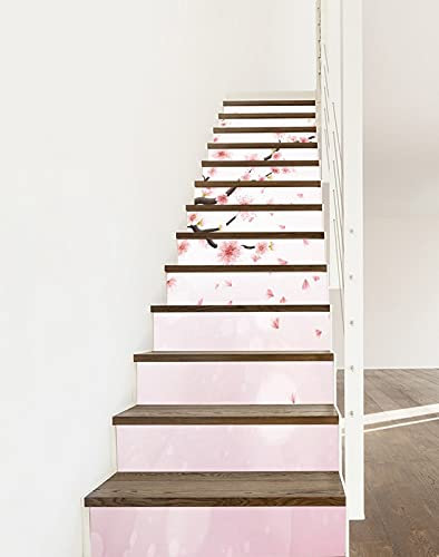 A.Monamour Adhésif Sticker Contremarche Escalier Branche De Cerisier Du Japon Avec Des Fleurs De Sakura Roses En Fleurs Autocollants Stickers Carrelage Carreaux Escalier Lot de 13 Bandes (1m x 18 cm)