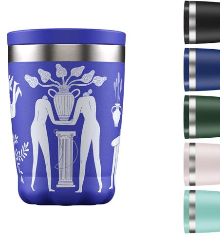 Chilly's Original Coffee Mug - Reusable Travel Cups with Lid - for Cold/Hot Drinks - Vacuum Insulated Double Wall Insulated Cup - 12oz - Greek Dream Blue
