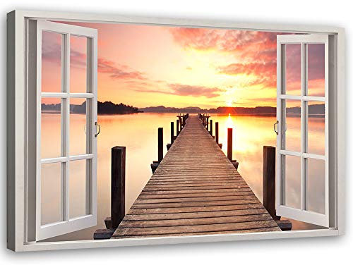 Feeby Vlies Leinwandbild Fenster-Ansicht 90x60 cm Druckbild Wandbild Wanddekoration Deko Wand Aesthetic Sonnenuntergang Über Dem See Orange