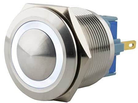 SeKi Edelstahl Drucktaster Ø25mm tastend gewölbter Kopfform farbig beleuchtetem LED Ring in weiss Lötösen / Flachstecker 0,5x2,8 Anschluss; Klingeltaster