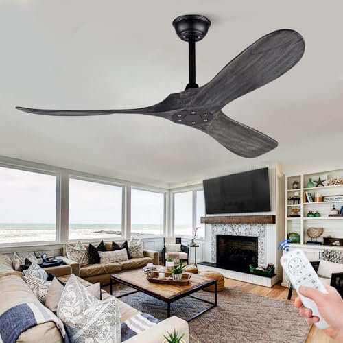 BOJUE Ventilador de Techo sin Luz 132 cm de Madera con Control Remoto, 3 Aspas, para Interior/Exterior Sala, Patio, Porche, Motor CC silencioso, 6 velocidades