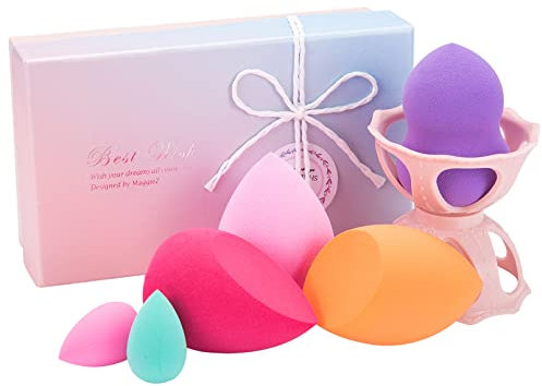 FITDON 6 Pièces Maquillage Eponges sans latex Fond de Teint Blender avec support éponge, sans défaut pour liquide, crème et poudre