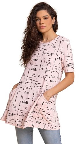 Roman Originals Swing Top with Pockets for Women UK Ladies Hanky Hem Asymmetric Tunic Blouse Longline Long Stretch Jersey Casual Round NeckTee Shirt T-Shirt - Light Pink - Size 10