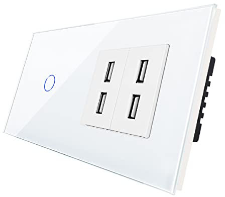 CNBINGO Touch Light Switch with 4 USB Ports 2.4 Amp - Touch Switch Simple with Glass Frame and Status LED - Wall Switch Flush-Mounted in White - 500 W/Gang