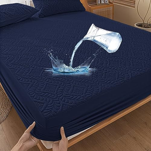 Wasserdichter Matratzenschoner 200x200cm Spannbettlaken Luxus, 3D-Muster, Super saugfähig, Atmungsaktive Matratzenbezug Wasserundurchlässiger Matratzen-Schutz Nässeschutz Spannbetttücher - Dunkelblau