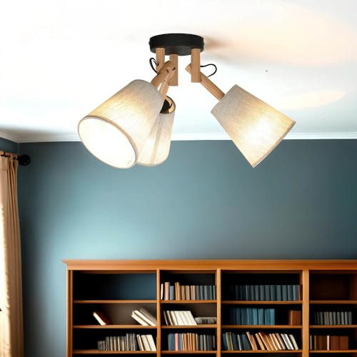 Licht-Erlebnisse Deckenleuchte VAIO 3-flammig aus Holz & Leinen in Grau-Braun 3xE27 D:46cm Schlafzimmer Wohnzimmer Landhaus Rustikal Innen Deckenlampe verstellbar
