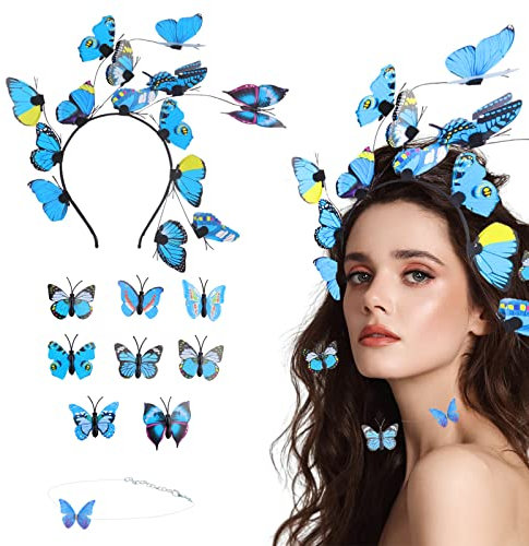 Haarreif Schmetterling Stirnband Blau Fascinator Haarschmuck Kopfschmuck mit 6 stücke Schmetterlinges Haarspangen Choker für Damen Mädchen Party Abschlussball Fasching Cosplay
