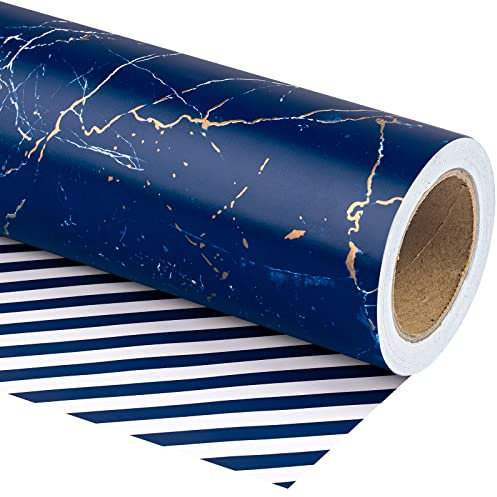 WRAPAHOLIC Wendbares Geschenkpapier, Mini-Rolle, 43,2 x 94,4 m, blauer Marmor mit Streifen-Design für Geburtstag, Urlaub, Hochzeit, Babyparty