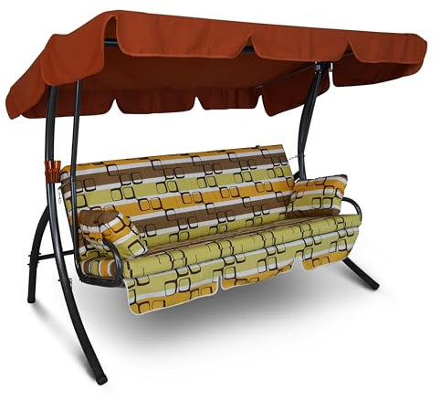 Angerer Freizeitmöbel GmbH Hollywoodschaukel Trend - Gartenschaukel Made in Germany - Schaukel zum Sitzen, Liegen und Entspannen - mit Bett-Funktion - einfache Montage (Orange-Braun-Grün Gemustert)