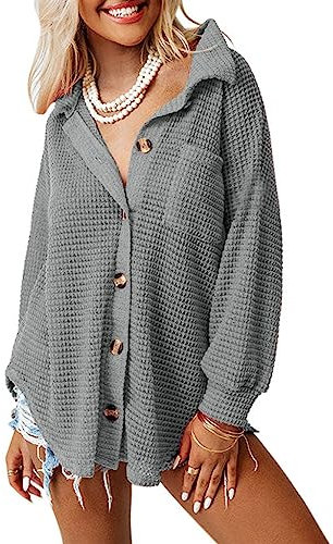 Dokotoo Bluse Damen Langarm Lässig Oberteile Hemd Langarmshirt Waffel Knopfleiste Oberteil Blusen Einfarbig Shirts Stehkragen Elegant Hemdjacke Locker Hemdbluse Grau S