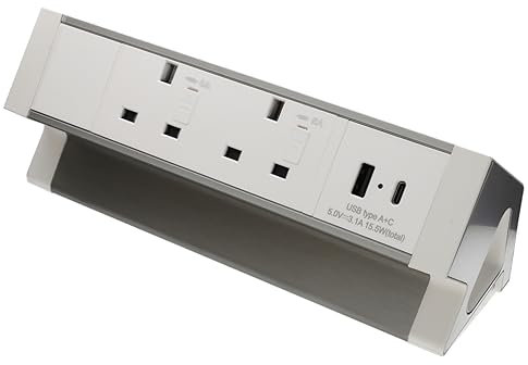 Office Desk Table Mountable PDU 2 x UK Mains Sockets & USB A & C Charging White