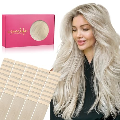 WENNALIFE Tape Extensions Echthaar, 40pcs 100g 35cm 14 Zoll Platinblond Haarverlängerung Echthaar Extensions Tape Invisible Tape in Extensions Echthaar Hair Extensions Seidig Gerade Skin Weft Tape Ins