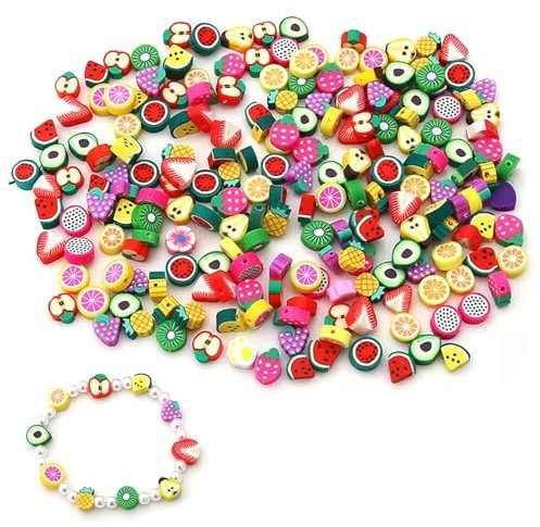 100 Stück Obst Perlen Zum Auffädeln,Perlen für Armbänder,Polymer Clay Beads früchte Perlen Auffädeln,Armband Set,Bastelset Schmuck Perlenset Bunte Charms Diy,für Kinder Die Herstellung Armband Basteln