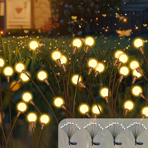 4 Pezzi Luci Solari Giardino Esterno, 10 LED Lucciole Luci Solari da Giardino, IP65 Impermeabile, Lampade Solare Lucciole Decorazione per Terrazza Percorso Prato Balcone Paesag(Bianco Caldo)