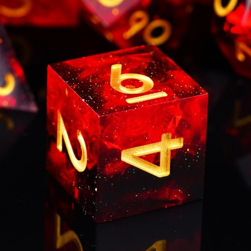 ORUZA 7 Stück DND Würfel Set Polyedrische D&D Würfel aus Harz Durchscheinendes Scharfe Kante Harz DND Würfel Set für Dungeons and Dragons, MTG Tischspiele Würfel, Flammenrot