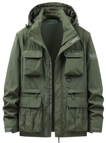 Ewleguzka Herren-Outdoor-Cargojacke, leicht, Wandern, Shell-Jacke für Angeln, Reisen, lässig, einfarbig, Reißverschluss, multifunktional, abnehmbar, langärmelig, Kampfjacke, Smart-Mantel, Übergröße,