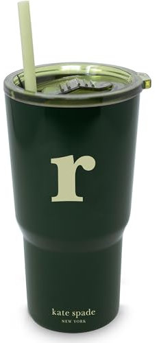 kate spade new york 20 Ounce Insulated Initial Tumbler for Cold and Hot Drinks with Reusable Straw, Stainless Steel Travel Cup with Slide Top Lid (R)