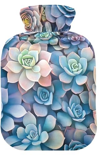 Cool Blue Sukkulenten Wärmflasche mit weichem Bezug, Bett, Hand- und Fußwärmer, Wintergeschenk, warme Wasser-Wärmeflaschen für Menstruationskrämpfe, Schmerzlinderung, 2 Liter