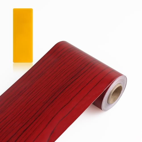 10m*10cm Bordure de papier peint autocollant Feuille Couleur du grain du bois Frise Murale Adhesive Bordure imperméable en PVC Plinthe amovible Décoration Murale pour cuisine salle de bain(Rouge)