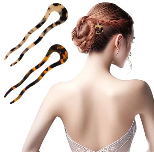 2 Pcs U Shaped Acetate French Hair Pin French Twist Stick Hair Fork Tortoise Classic Shell 2 Prong Bun Hair Sticks Small Wavy Shaped Hair Fork for Women Girls Thick Long Hair Accessories