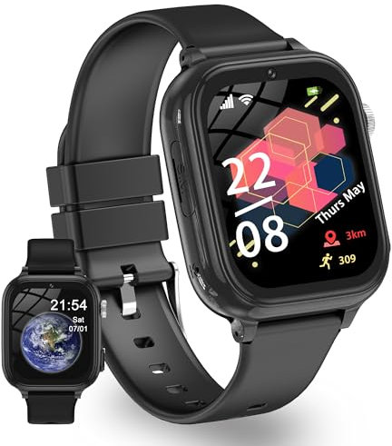 Montre Connectée Enfant GPS, 4G Montre Intelligente Enfants avec Appels Vidéo, WiFi, SOS, Mode Classe, Face ID, App Store, Whatsapp, Réveil, IP68 Étanche Smartwatch Enfant Noël Cadeaux 5-14 Ans-Noir