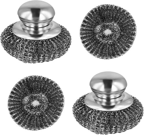 Éponges en Acier Inoxydable avec Poignée Set de 4, Eponge Metallique, Éponge en Acier Inoxydable, Éponge à Récurer en Acier Inoxydable, pour Nettoyer La Vaisselle, Casseroles, Poêles