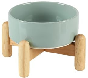 Havniva Ceramic 5.1inch Raised Dog and Cat Bowl Set, Elevated with Wooden Stand, Food and Water Bowl for Toy Breed Dogs, Cats, Kitty, Weighted Dog Dishes, Pet Bowls(13.5oz, Light Green)