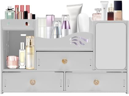 Tyvotrend Makeup Organizer With 3 Drawers, Cosmetic Storage Display Case with Tissue Slot and Mirror, Dressing Table Organiser, for Dresser, Bedroom, Bathroom, White, 40 x 20 x 25 cm