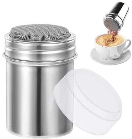 Puderzuckerstreuer, Kakaostreuer für Cappuccino, Edelstahl Mehlstreuer mit Deckel, Pulverstreuer Kaffee Zubehör für Heiße Schokolade Brotdekoration